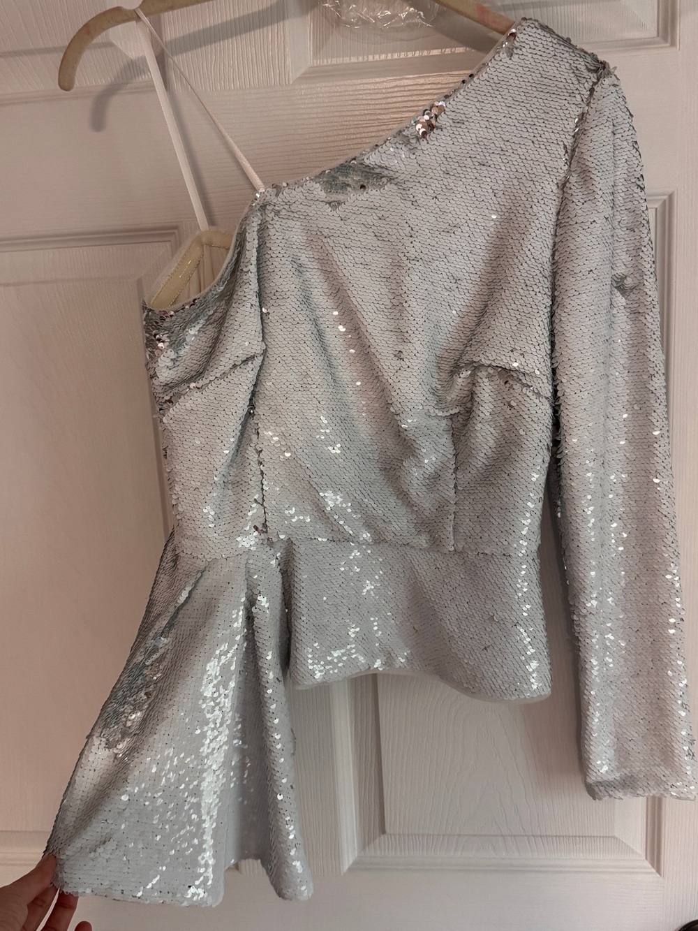 Silver One-Shoulder Sequin top
